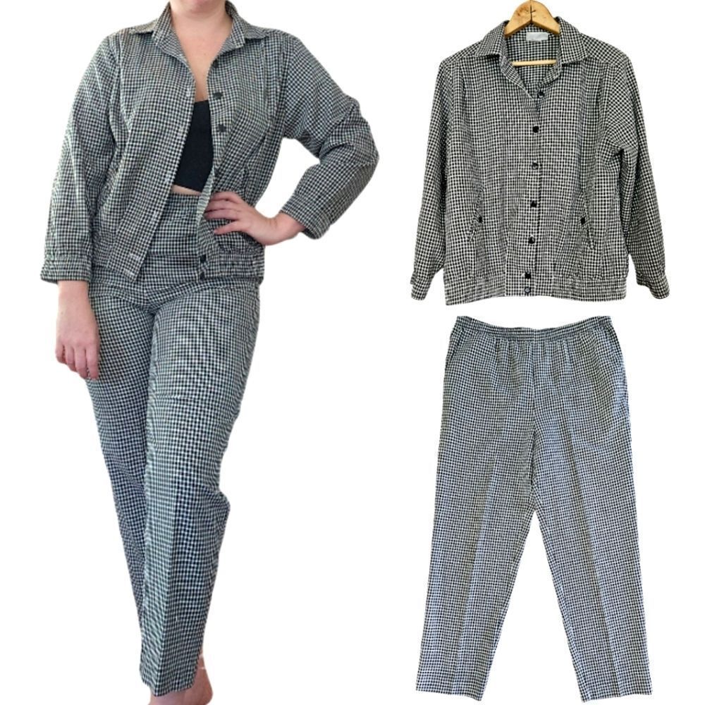 Vintage Alfred Dunner 80s Gingham Black and White Two Piece Matching Suit Set 6P